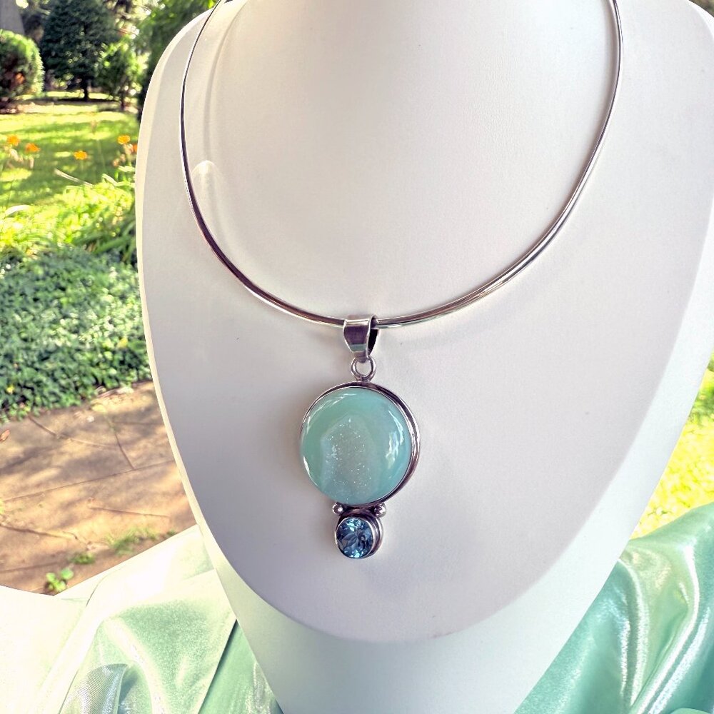 Sterling Silver Druzy Quartz & Swiss Blue Topaz Pendant